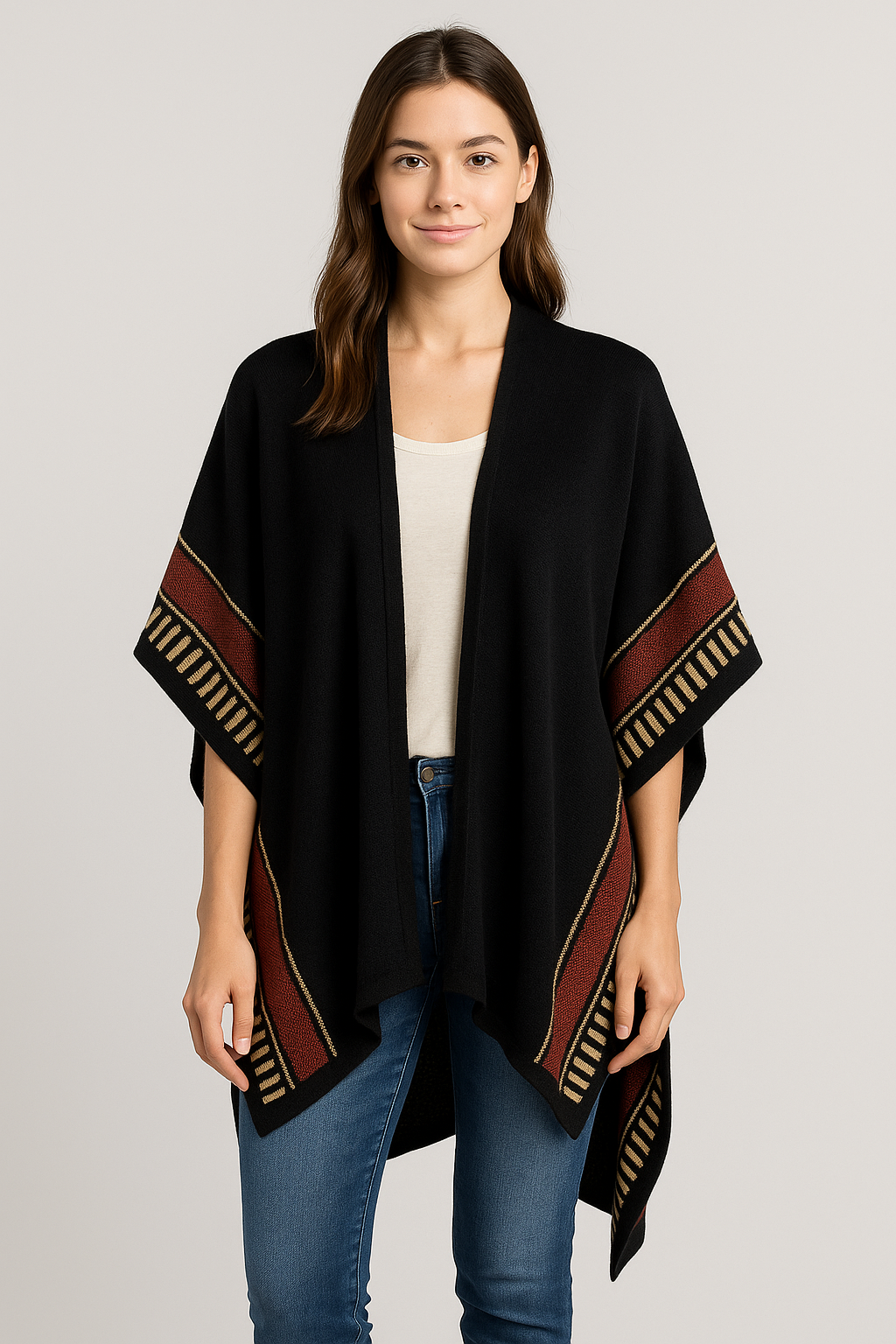 NOVICA Alpaca Blend Poncho Handmade Peru Black Terracotta Geometric One Size