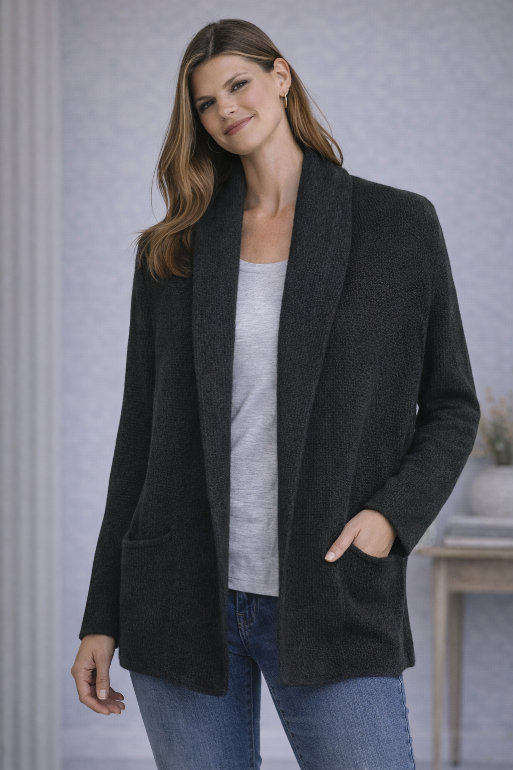 Peruvian Connection Black Bouclé Shawl Collar Cardigan Coat Size L NWT