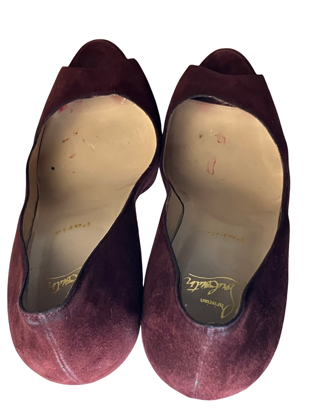 Christian Louboutin — Heels | Bordeaux suede peep-toe, Italian-made · Sz 10