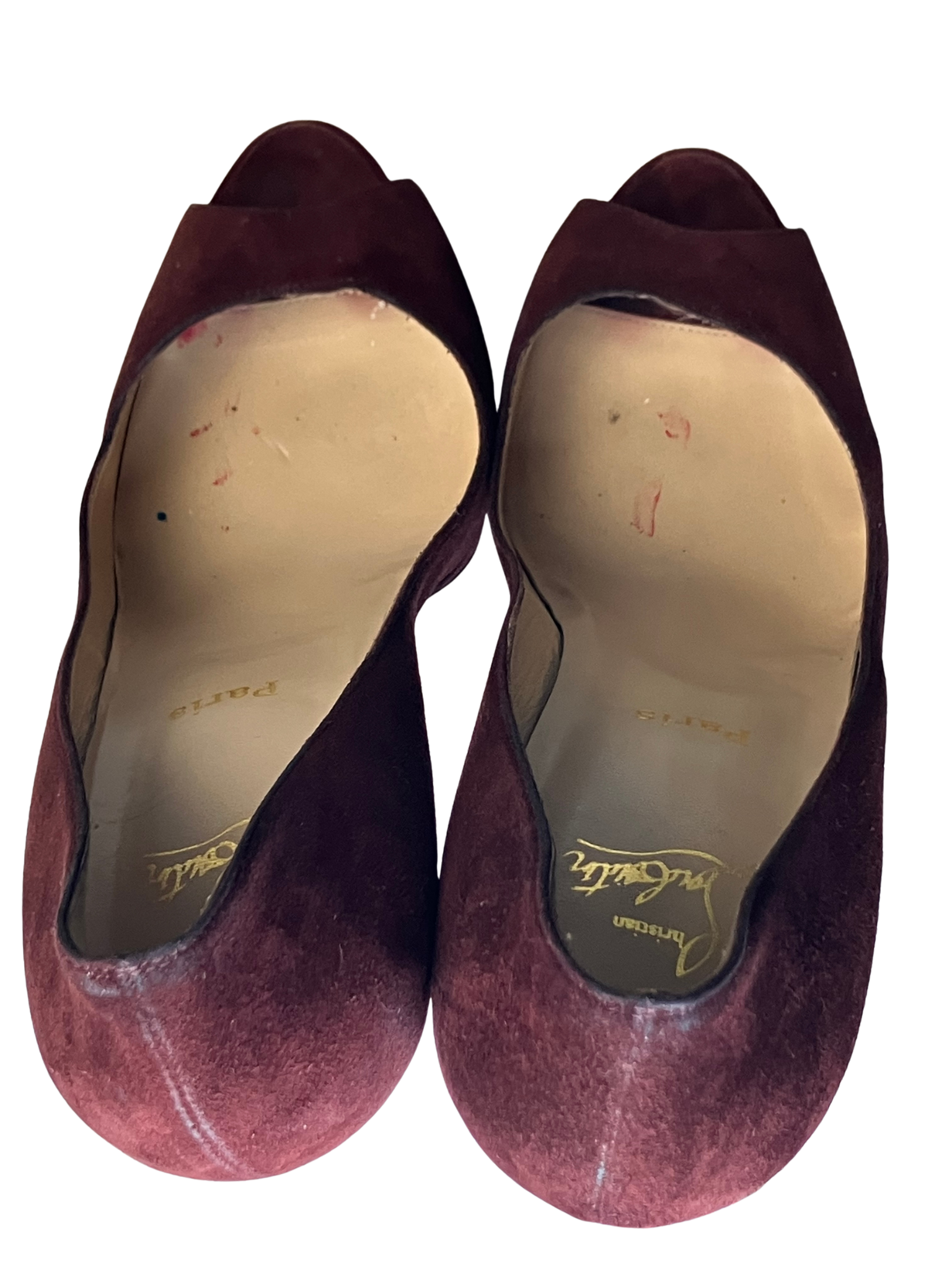 Christian Louboutin — Heels | Bordeaux suede peep-toe, Italian-made · Sz 10