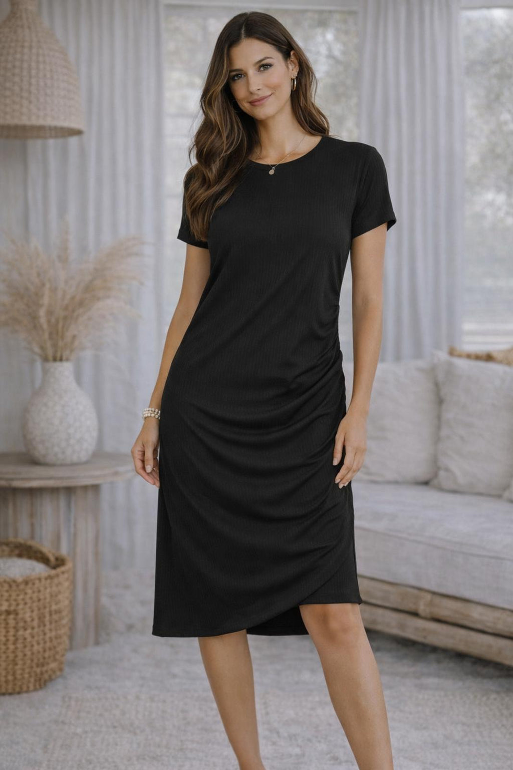 INC International Concepts — Dress | Ruched black stretch, short sleeve · Sz XL