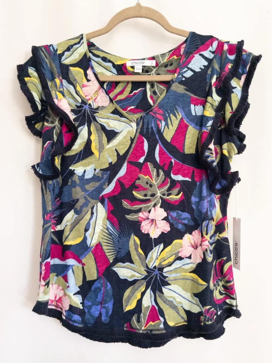 Chico's — Blouse | Tropical restraint, then the fringe moves · Sz S