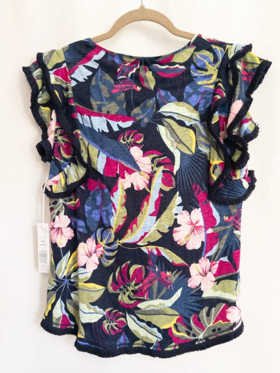 Chico's — Blouse | Tropical restraint, then the fringe moves · Sz S