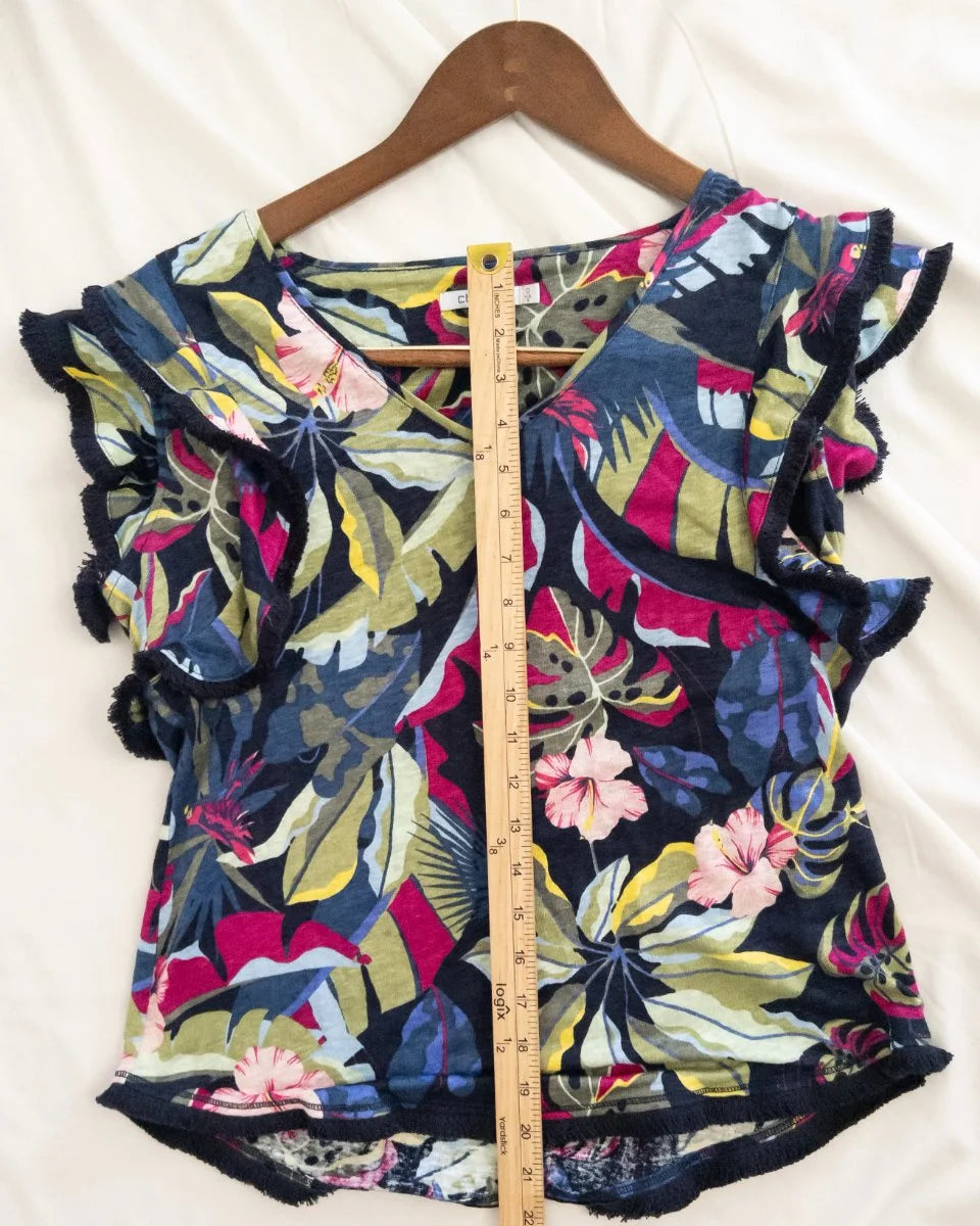 Chico's — Blouse | Tropical restraint, then the fringe moves · Sz S