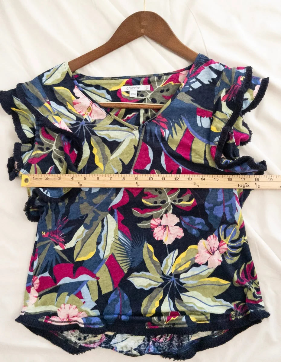 Chico's — Blouse | Tropical restraint, then the fringe moves · Sz S