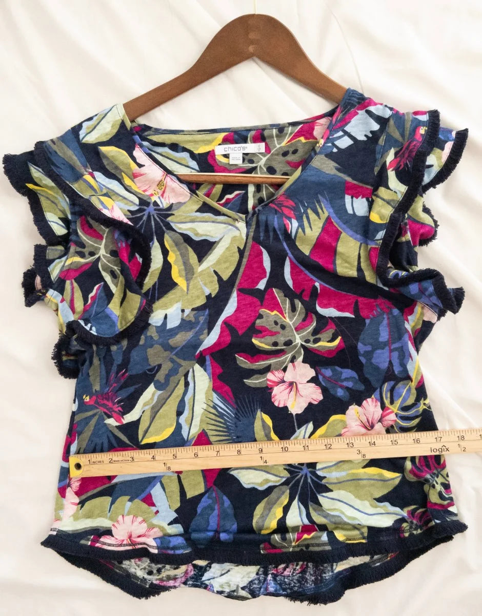 Chico's — Blouse | Tropical restraint, then the fringe moves · Sz S