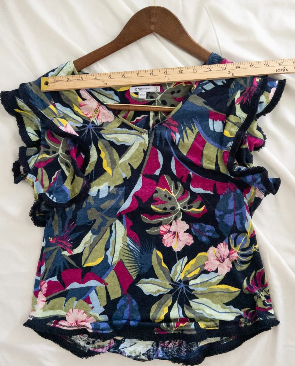 Chico's — Blouse | Tropical restraint, then the fringe moves · Sz S