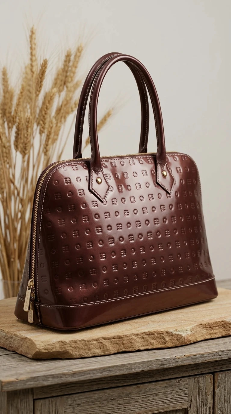 A dark brown embossed leather handbag with double top handles, resting on a rustic wooden board with dried wheat stalks in the background.