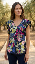 Chico's — Blouse | Tropical restraint, then the fringe moves · Sz S