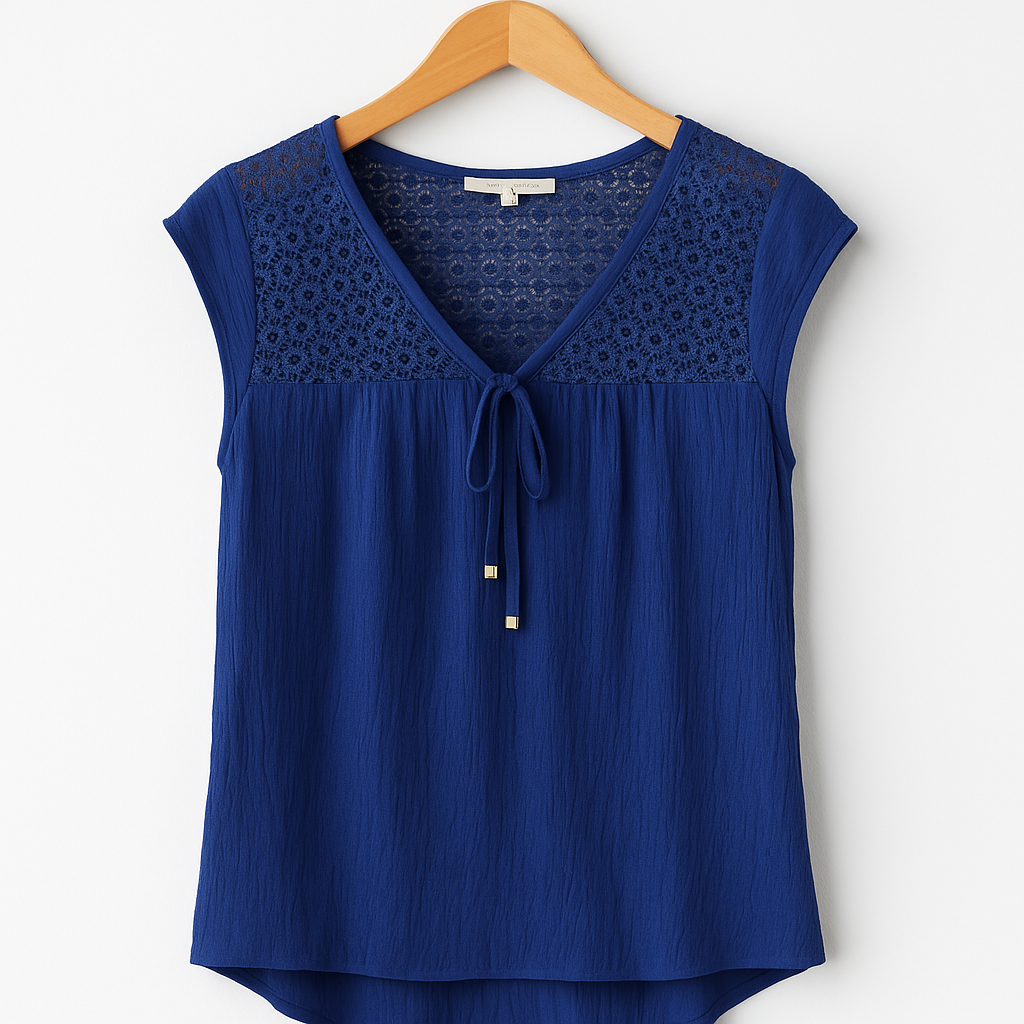 Navy Blue Cap Sleeve Top with Lace Detail - 100% Rayon Casual Blouse