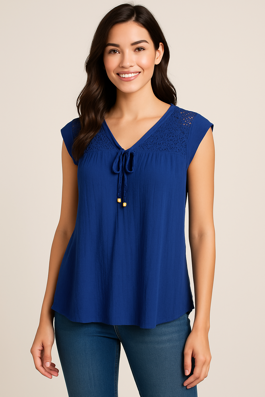 Navy Blue Cap Sleeve Top with Lace Detail - 100% Rayon Casual Blouse