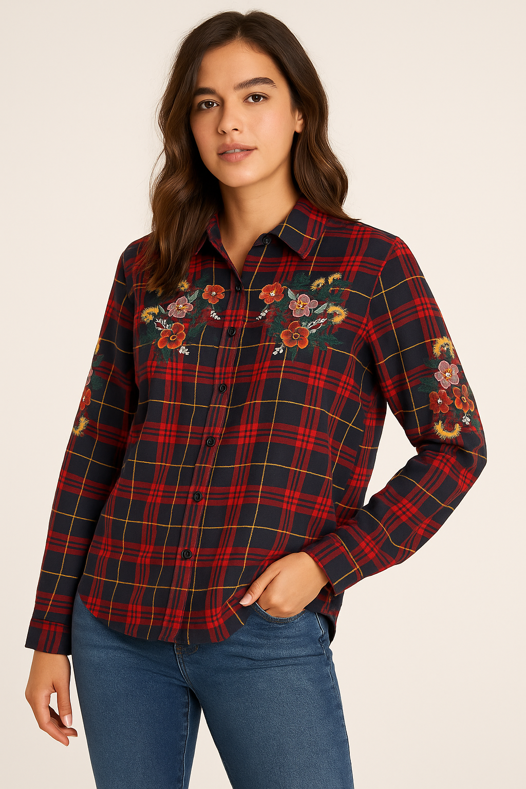 Haute Rogue Embroidered Floral Plaid Button-Up Shirt Size M