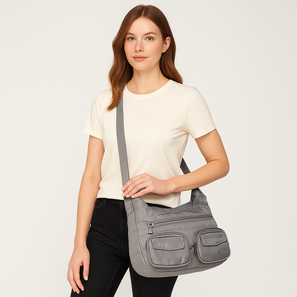 Lug Zipliner Quilted Crossbody Shoulder Bag in Gray – Lightweight Travel Organiz