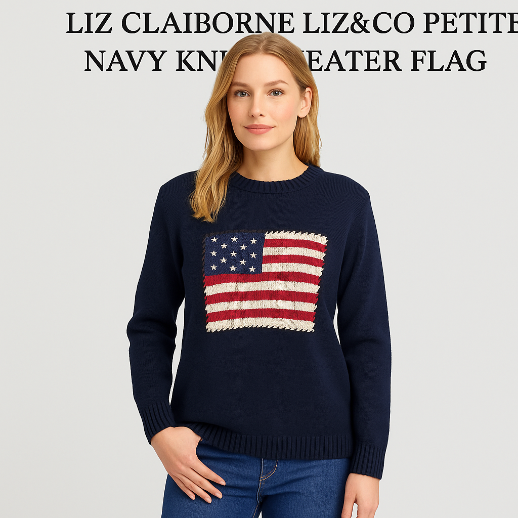 Liz Claiborne Liz&Co Petite Navy Cotton Flag Sweater Size Small