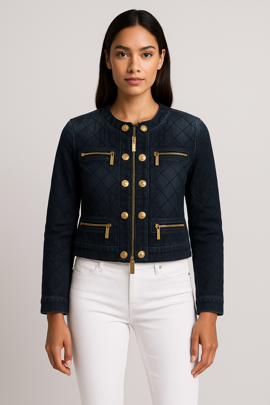 Michael Kors Quilted Denim Jacket with Gold Accents – Size XS