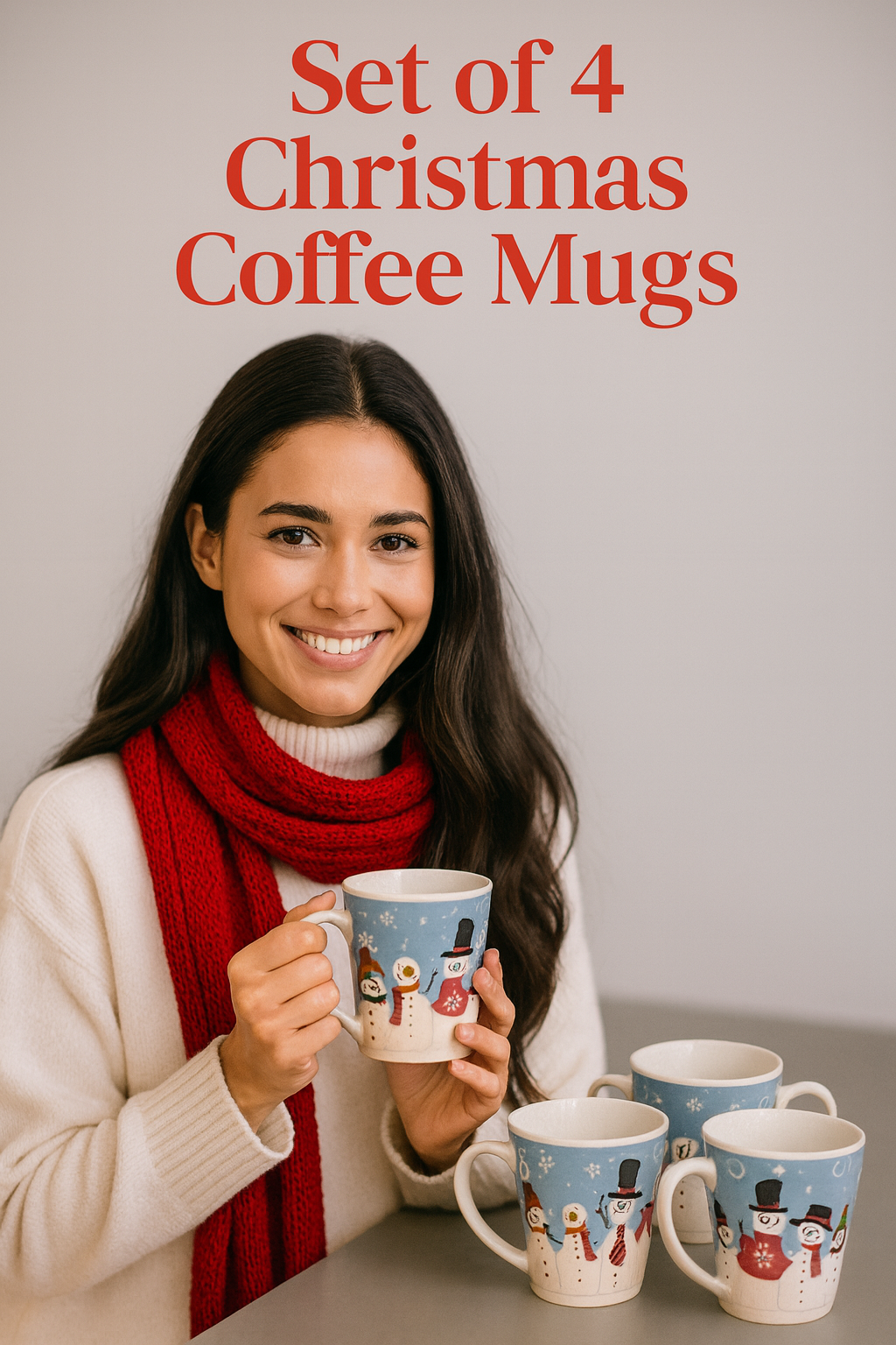 Christmas Snowman Coffee Mugs Set of 4 - Holiday Ceramic Cups