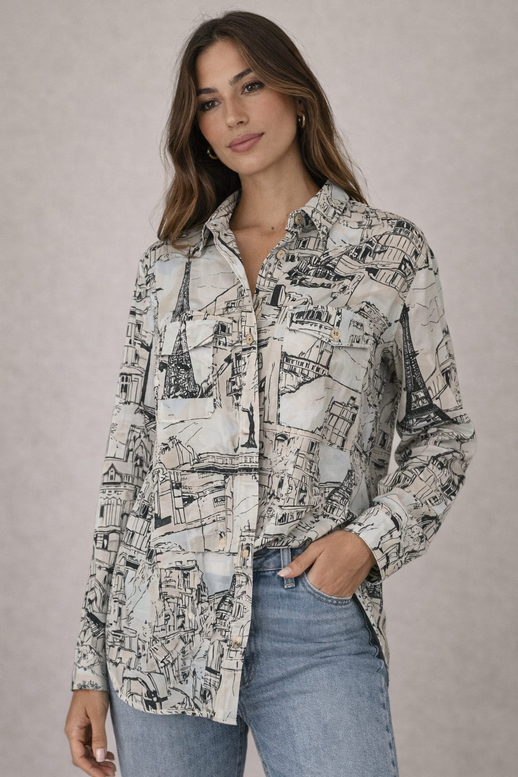 Karl Lagerfeld Paris Parisian Landmarks Print Blouse Size L