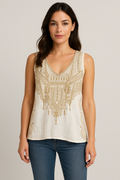 Johnny Was Workshop Embroidered Ramie Tank Top Ivory Gold Boho Size M