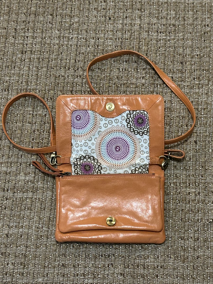 Latico — Crossbody Bag | Cognac leather foldover with mandala-print interior · Sz OS