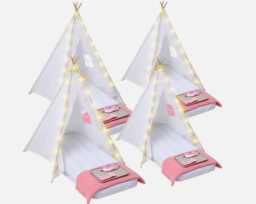 Windyun 4-Pack Kids Teepee Tent Set with Mattresses, Lights & Blankets