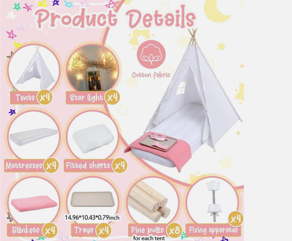 Windyun 4-Pack Kids Teepee Tent Set with Mattresses, Lights & Blankets