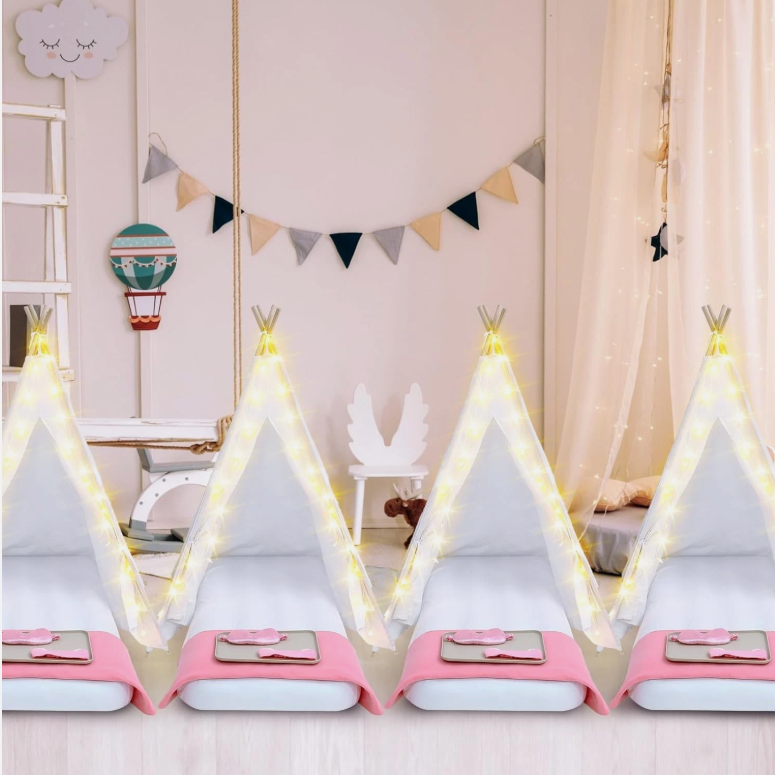 Windyun 4-Pack Kids Teepee Tent Set with Mattresses, Lights & Blankets