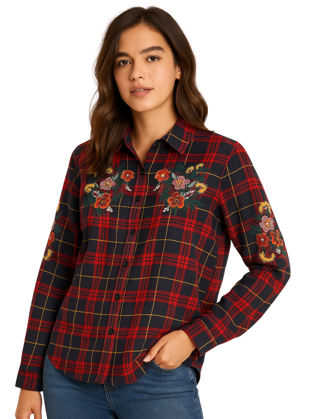 Haute Rogue Embroidered Floral Plaid Button-Up Shirt Size M