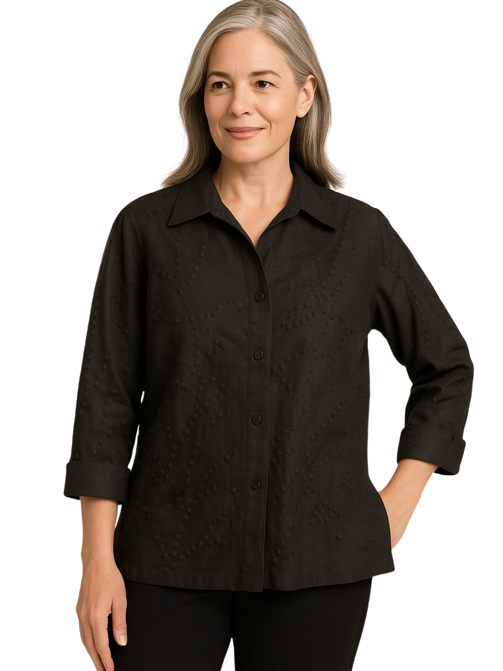 Jones New York Signature Black Linen Textured Shirt (Petite P/M)