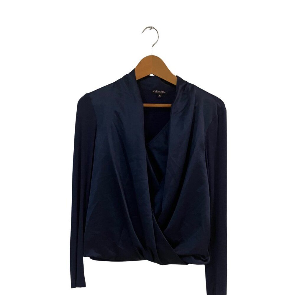 Gianetta Navy Blue Draped Front Long Sleeve Blouse Women's M