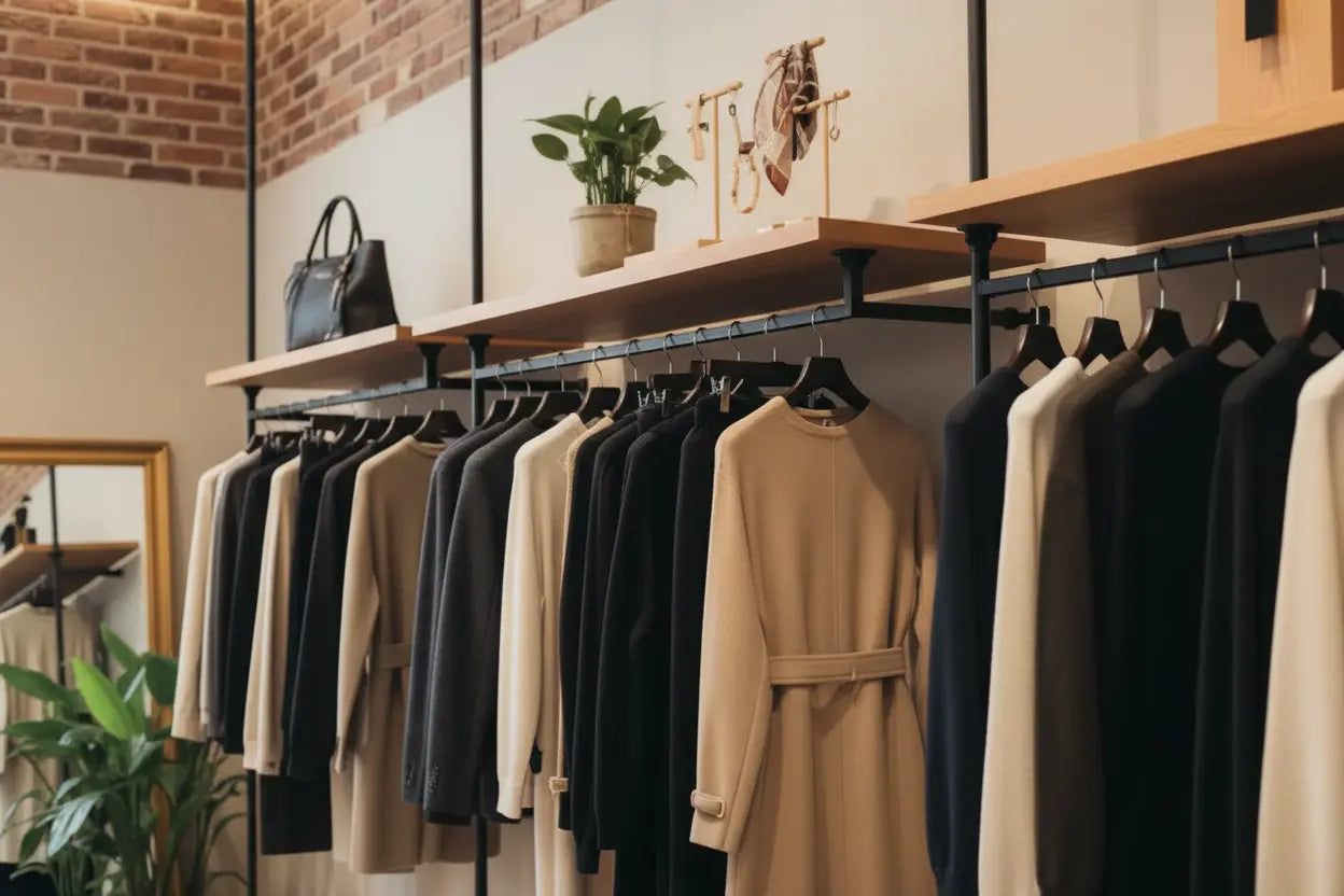 Curated preloved clothing hanging on racks — Curuva Store secondhand luxury fashion