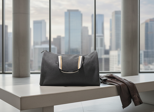 BOSS Parfums Gray Felt Duffel Bag in lifestyle setting