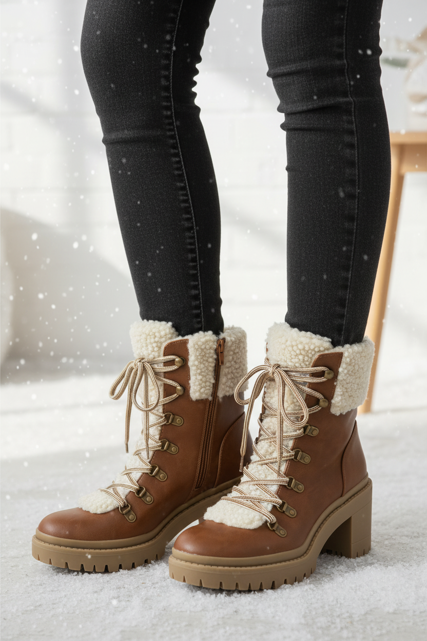 Brown Sherpa-Lined Winter Boots - Commercial Image with Model
