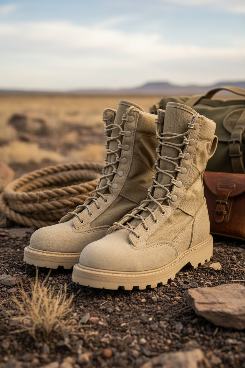 Corcoran Tan Suede Combat Boots in rugged heritage setting
