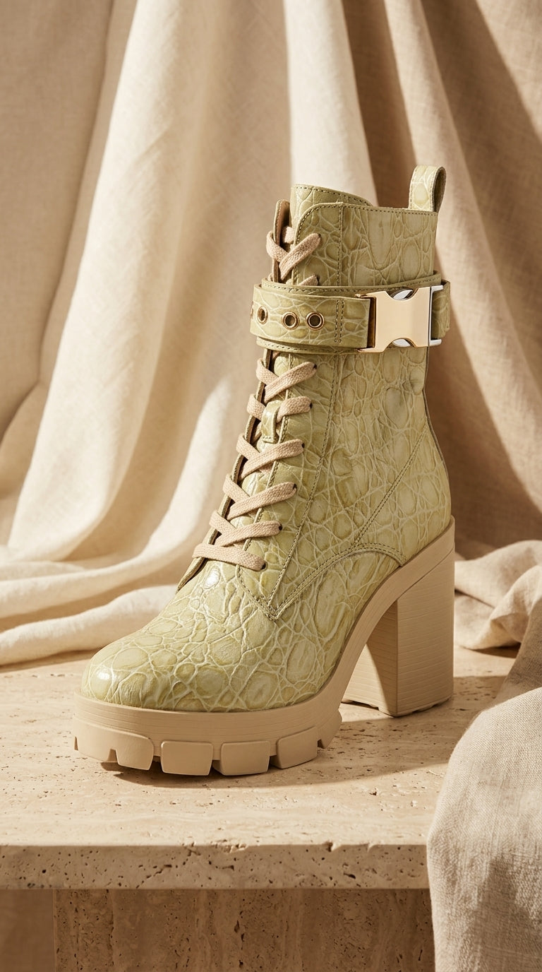 Schutz — Combat Boots | Croc-embossed leather, chunky lug sole · Sz 8