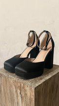 Xieda — Platform Block Heel | Black satin, ankle strap, gold buckle · Sz 6