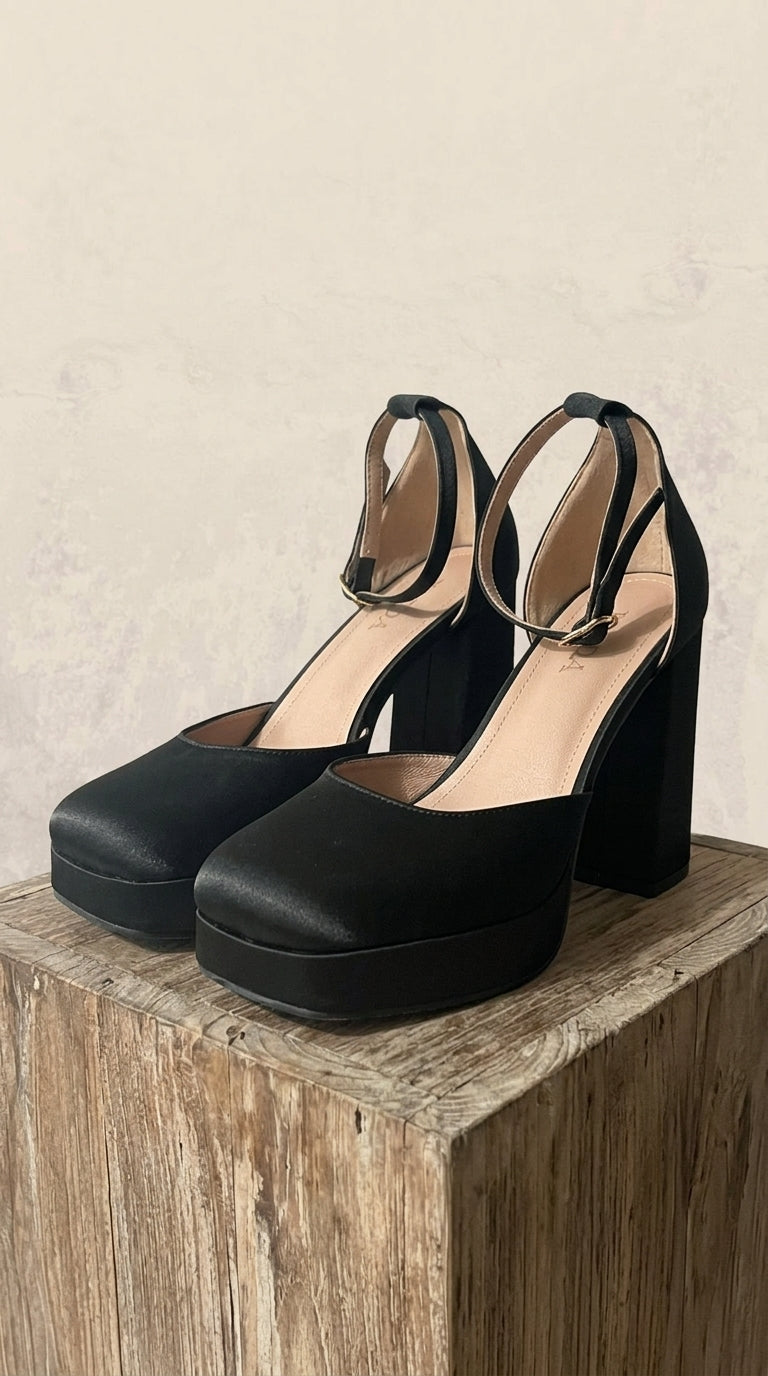Xieda — Platform Block Heel | Black satin, ankle strap, gold buckle · Sz 6