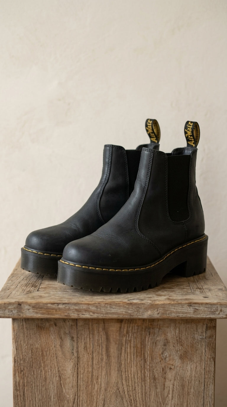 Dr. Martens — Chelsea Platform Boot | Black leather, yellow welt stitching · Sz EU 40