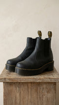 Dr. Martens — Chelsea Platform Boot | Black leather, yellow welt stitching · Sz EU 40