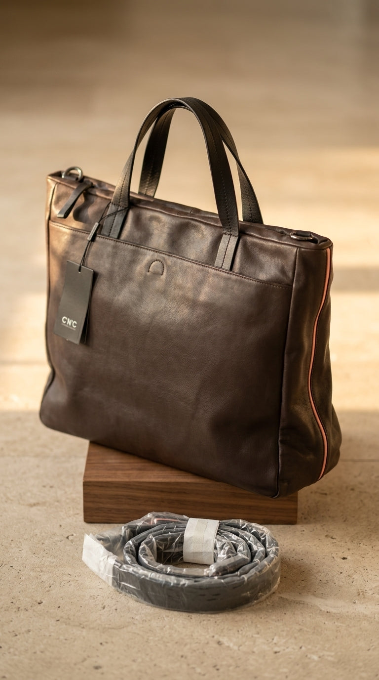 C.N.C — Tote Bag | Deep chocolate leather with one deliberate slash of pink · Sz OS
