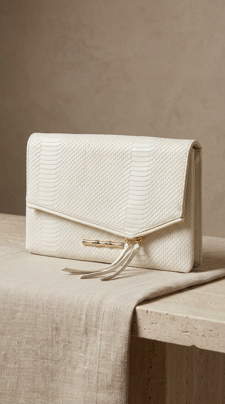 Elaine Turner — Envelope Clutch | White snake-embossed leather, gold hardware, NWT · Sz OS