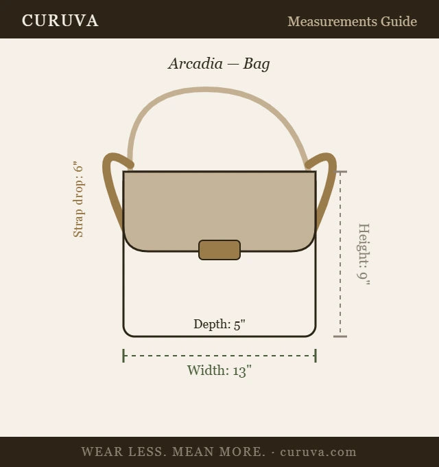 A measurement guide diagram for the CURUVA Arcadia handbag, showing a simplified bag outline with labeled dimensions for width, depth, height, and strap drop on a light beige background.