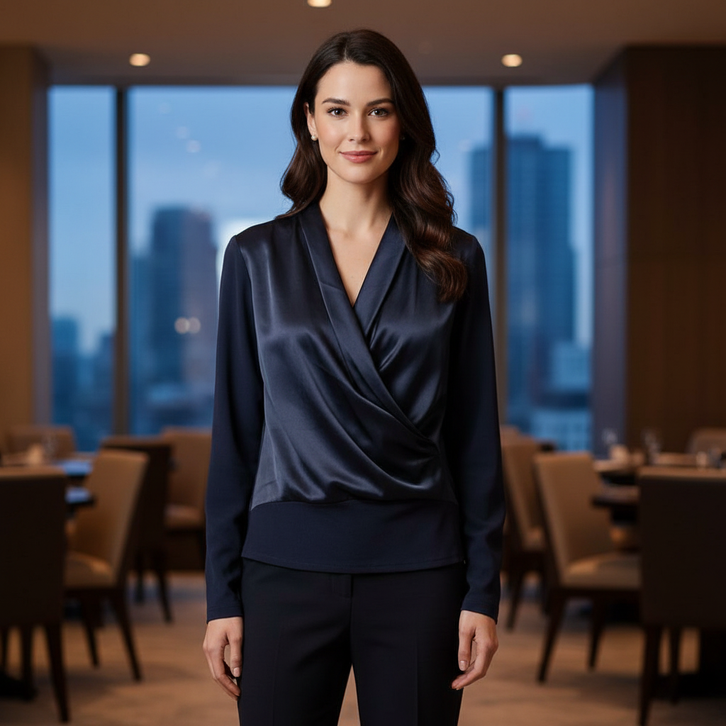 Gianetta Navy Blue Draped Front Long Sleeve Blouse Women's M