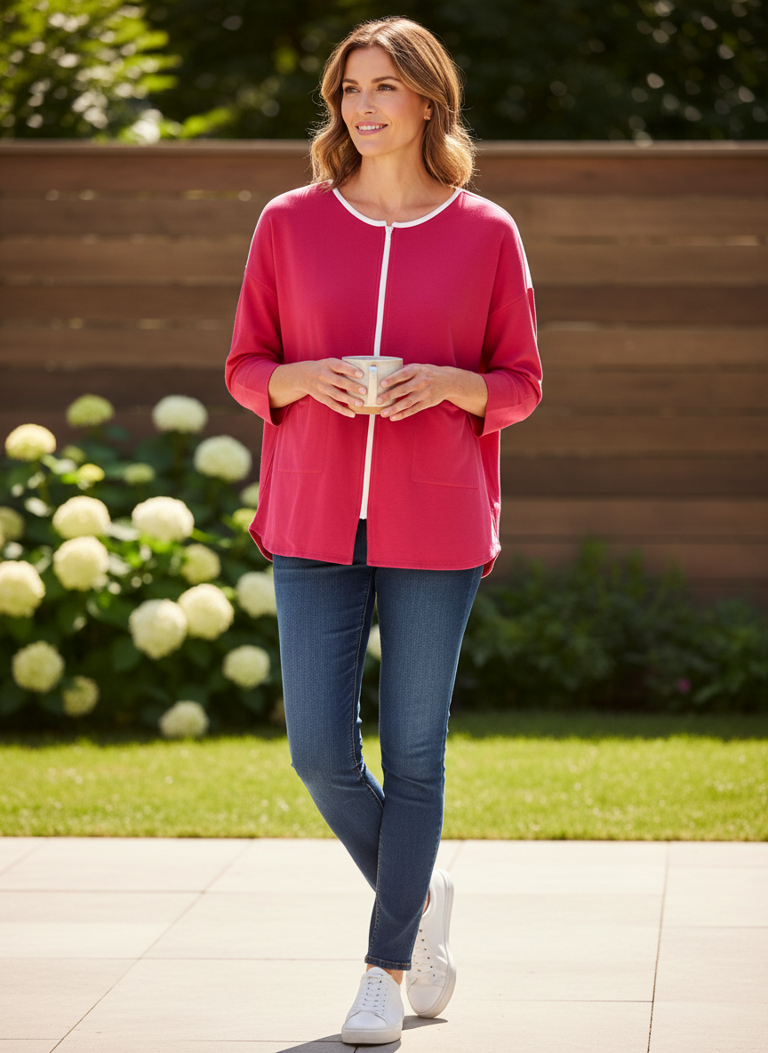 Joan Vass Fuchsia Pink Cotton Zip Cardigan White Trim 3/4 Sleeve Size 2P