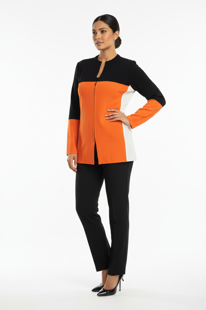 Woman wearing Misook colorblock knit jacket in black, orange, and white