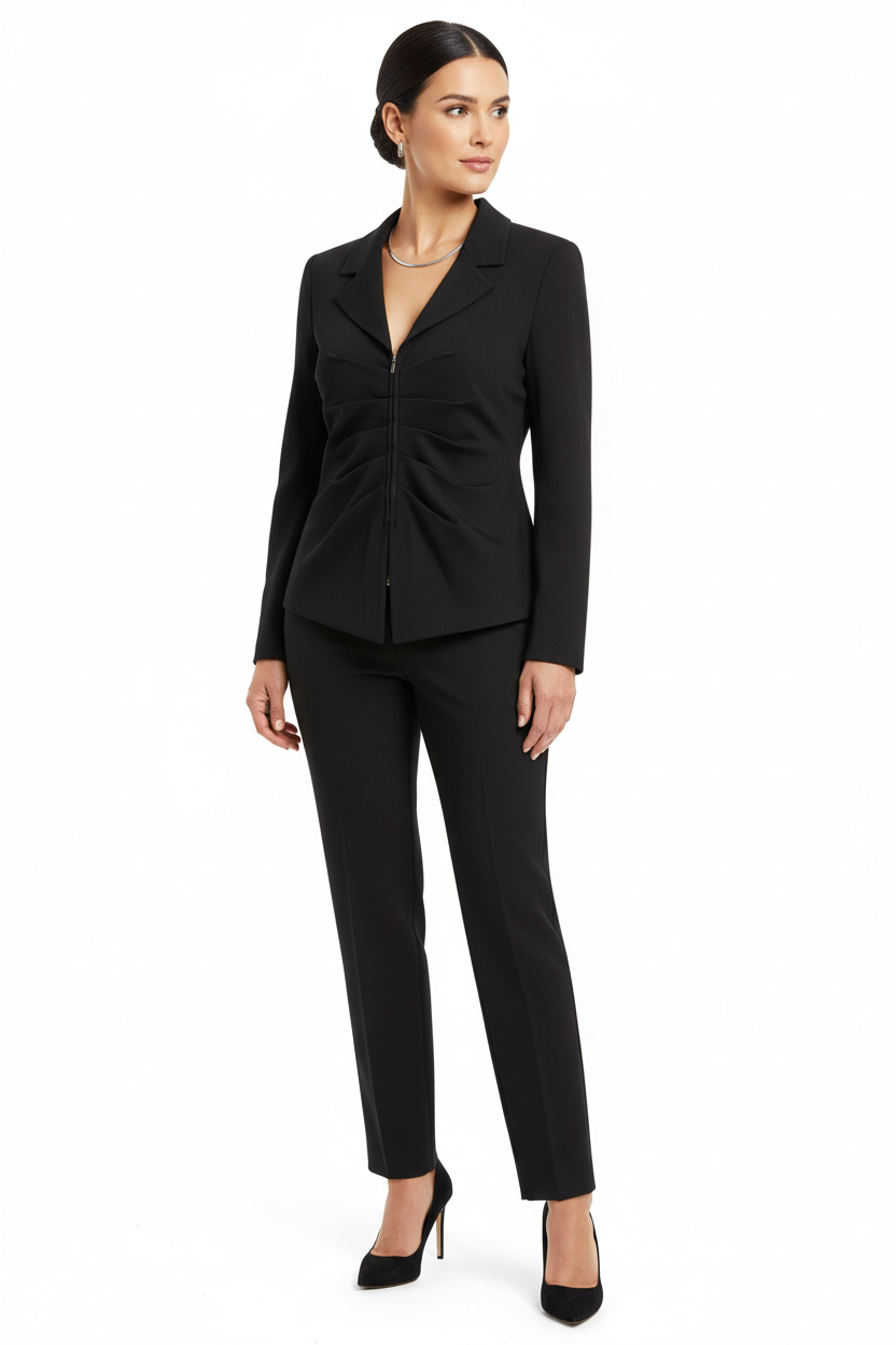 Woman wearing St. John Caviar black structured blazer