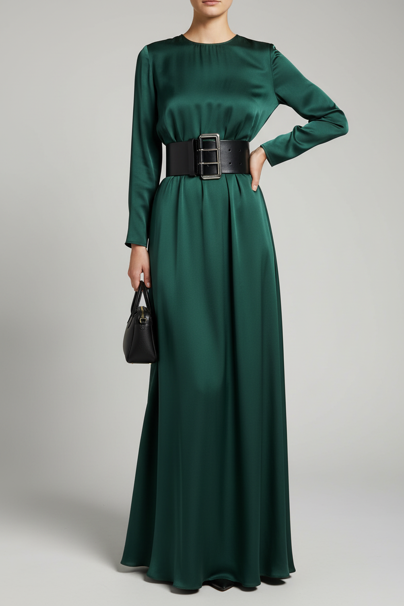 Woman wearing Saks Fifth Avenue black wide leather belt cinched at waist