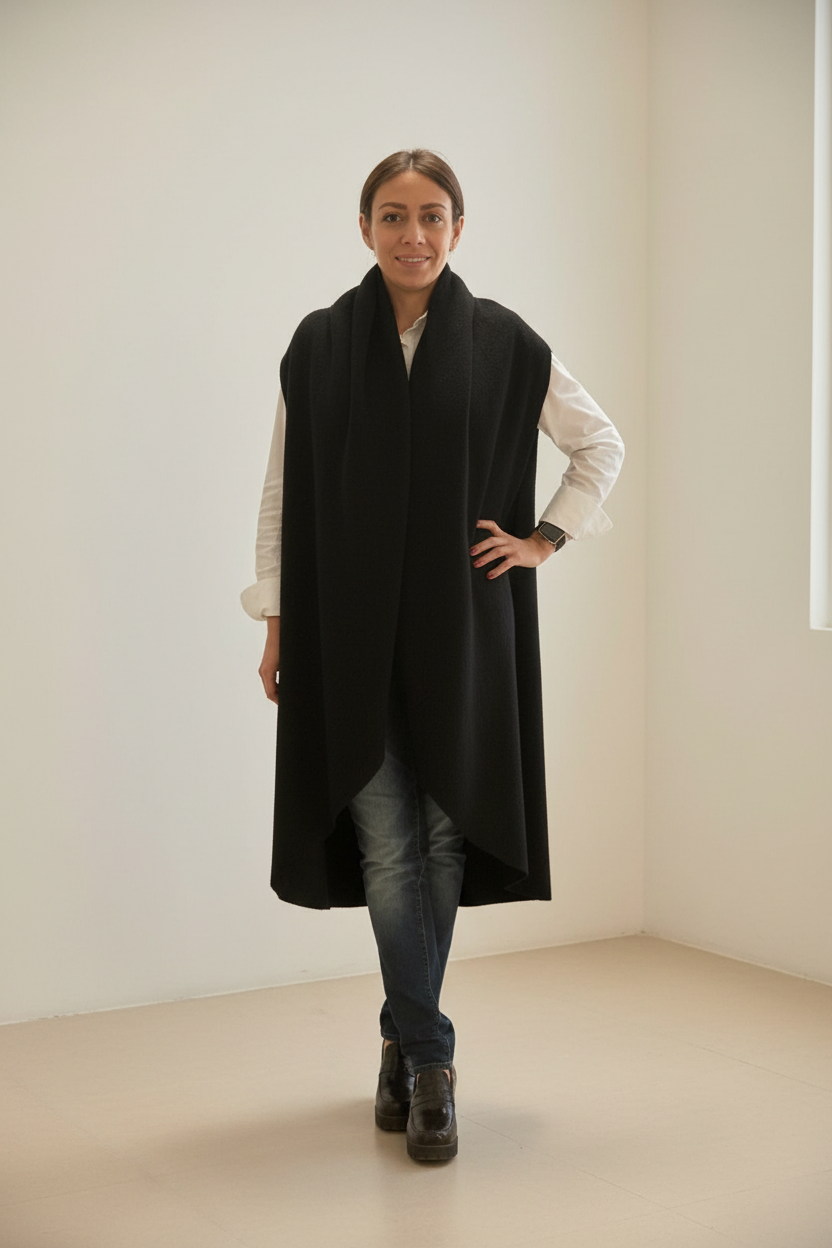 Peruvian Connection Long Black Alpaca Wrap Vest Sleeveless Coat XL Peru