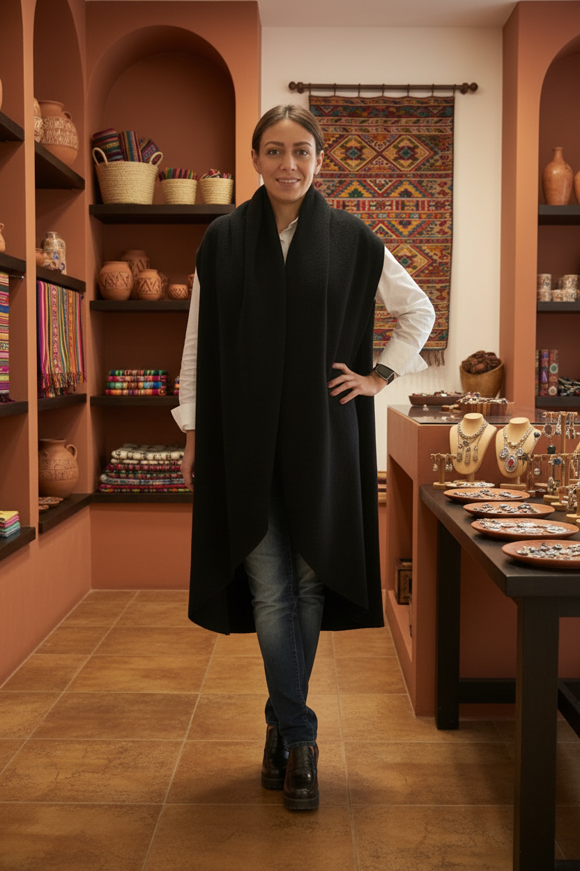 Peruvian Connection Long Black Alpaca Wrap Vest Sleeveless Coat XL Peru