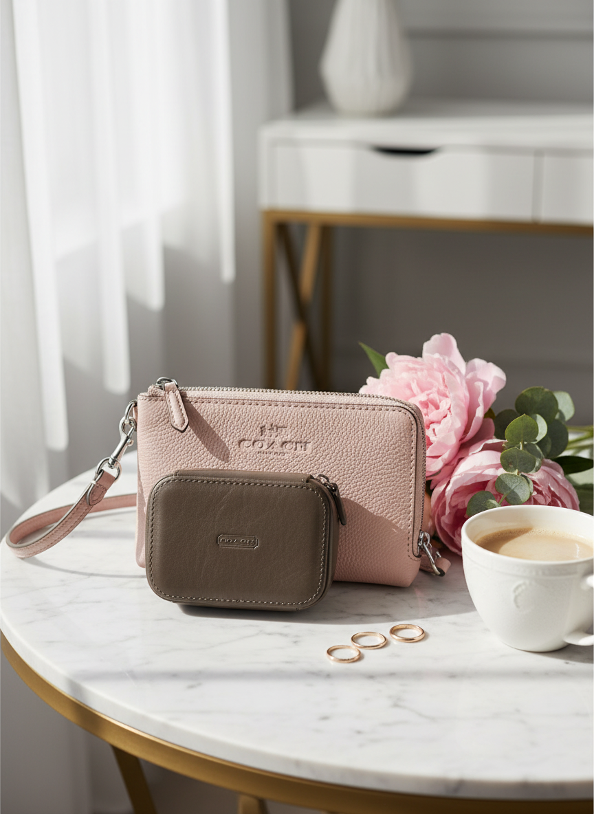 COACH Leather Mini Case & Double-Zip Wristlet Set – Brown & Blush Pink – Small Travel Essentials