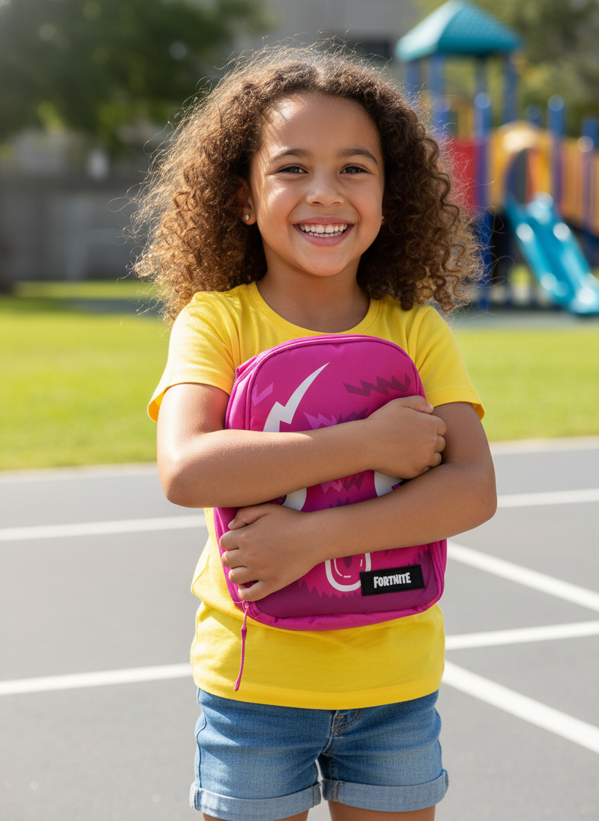 Imagen comercial lonchera Fortnite con modelo